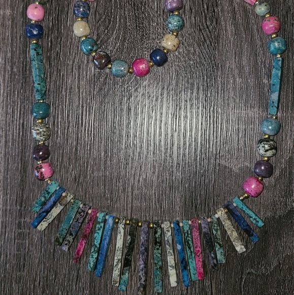 VINTAGE 2 PC SET HOWLITE STONES LONG TRIBAL NECKLACE & BRACELET COSTUME HANDMADE - Picture 8 of 10